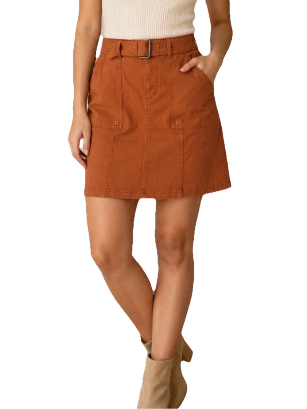 Neiman Marcus Women’s Rust Orange Utility Belted Mini Skirt Cotton Size Small